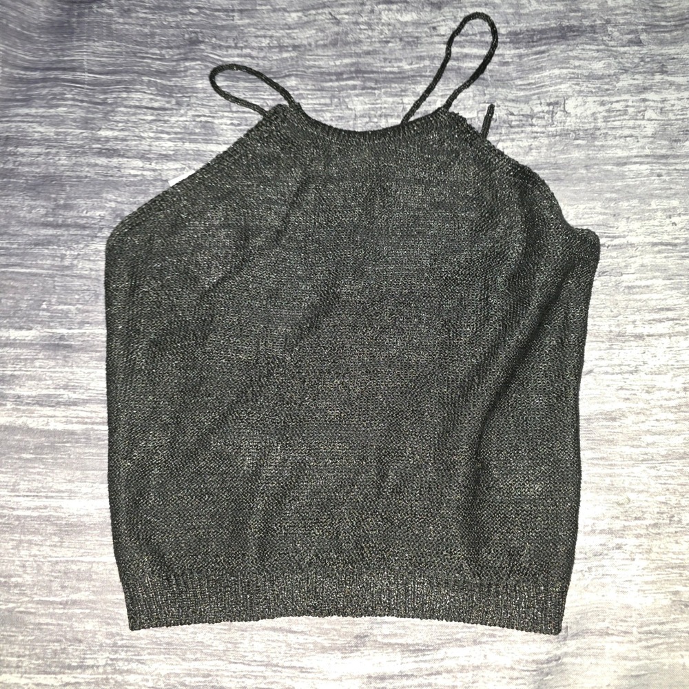 Wild Fable Black Metallic Knit Halter Top Lace Up Back Sleeveless Shimmer Medium